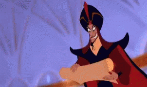 Gif in which Jafar from Aladdin rolls out a very long piece of parchment