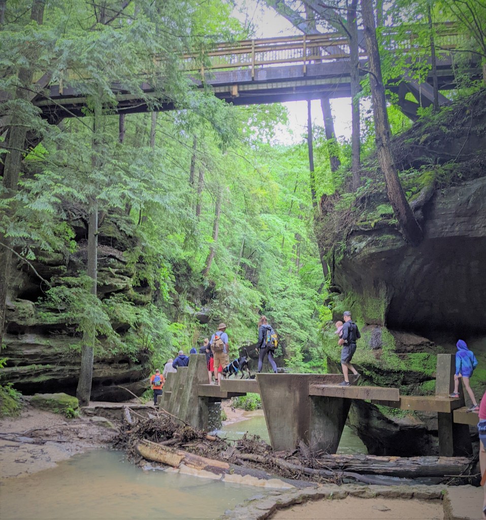 An artsy post-modern concrete bridge spans a shallow stream. A dozen people and a dog are making their way across it.